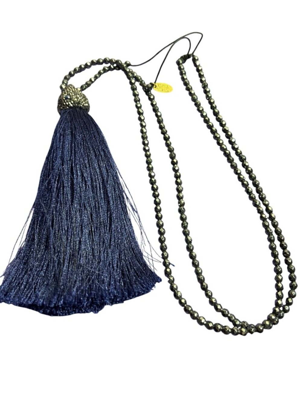 Chakarr Faceted Glass Beaded Necklace Long Navy Blue Tassel Made in Turkey